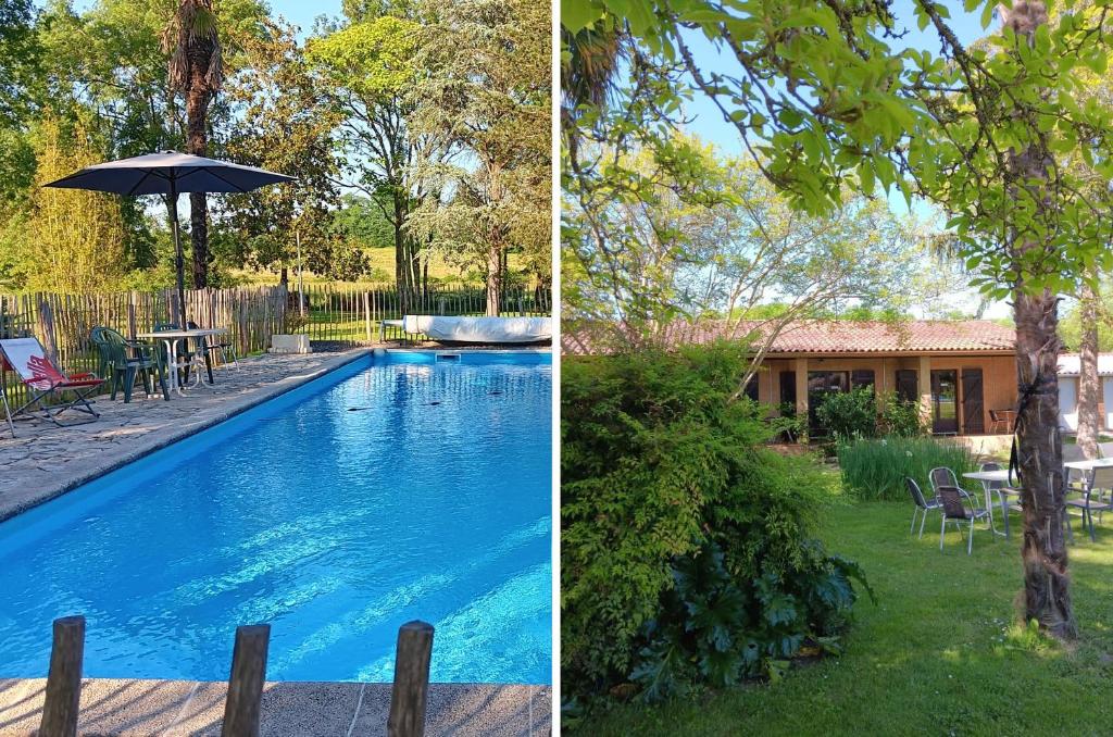 two pictures of a pool with a table and an umbrella at Le Moulin du Comte in Bourrouillan