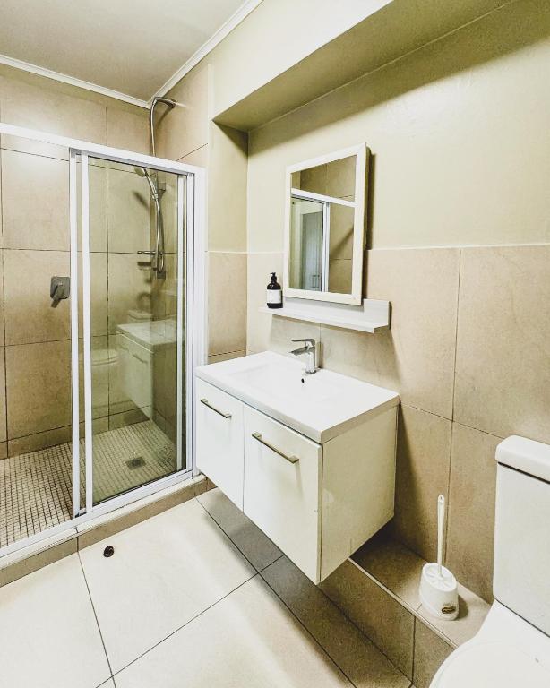 a bathroom with a sink and a shower and a toilet at Zion on Mayfair in Cape Town