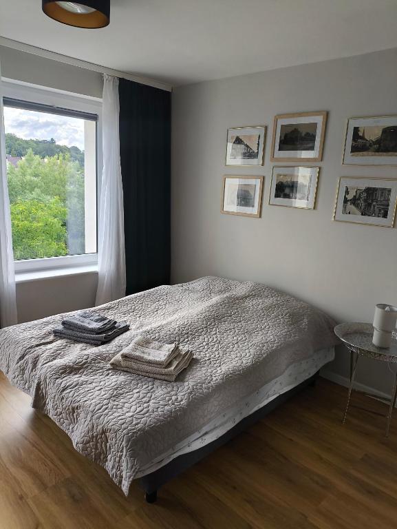 a bedroom with a bed with two towels on it at Apartament Jeziorna in Debrzno