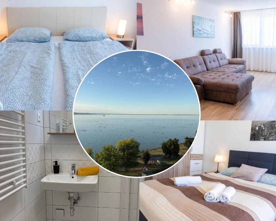 a collage of photos of a bedroom with a view of the ocean at Seaforth Apartment in Siófok