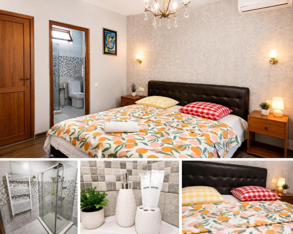 a hotel room with a bed and a bathroom at Guesthouse Vashlovani in Lagodekhi