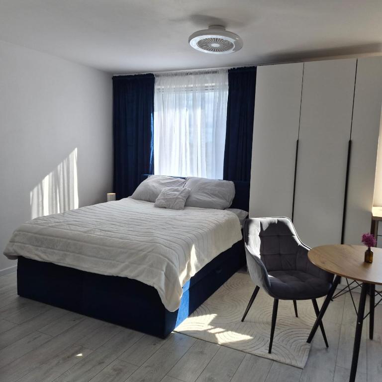 a bedroom with a bed and a table and a chair at Modern Studio Nagórki in Olsztyn