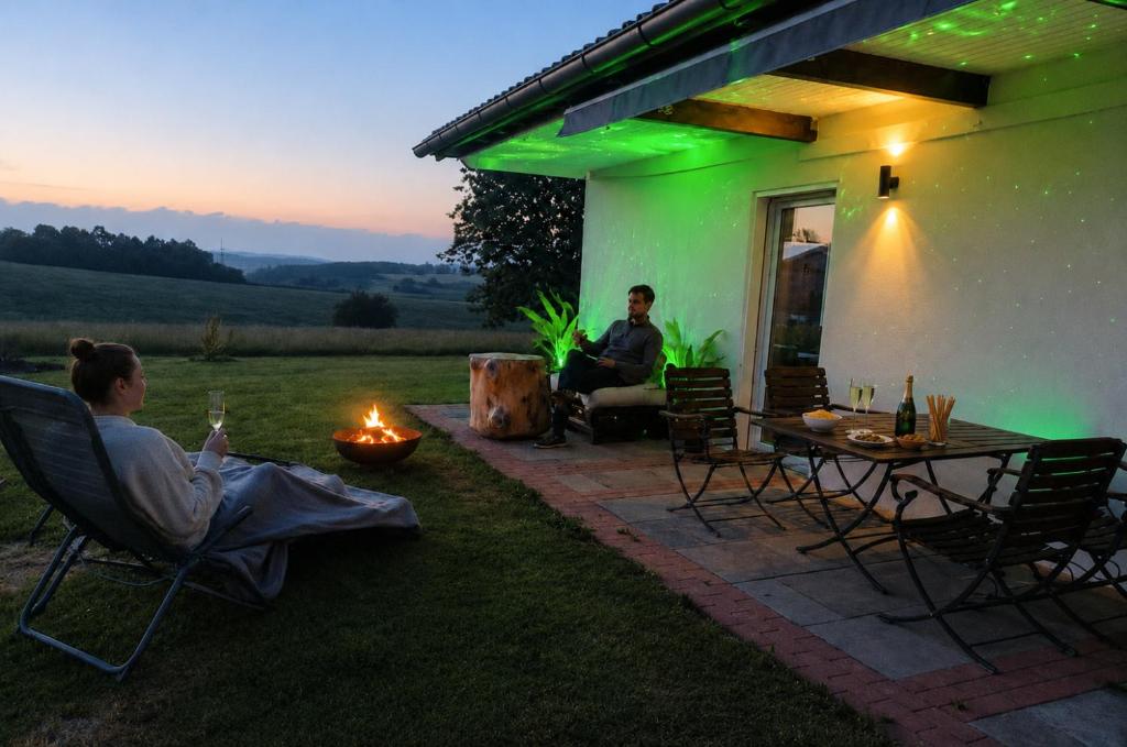 two people sitting outside of a house with a green light at Ebenerdiges Ferienhaus für Rückzug und Auszeit mit Sauna, Weitblick, Terrassen, Privatsphäre auf 20000 qm NaturZentral in Frankenberg