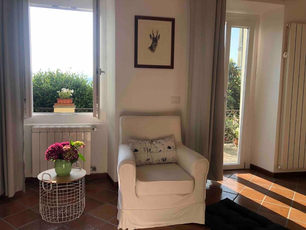 a living room with a chair and a vase of flowers at La Meridiana Apartment in Ghiffa