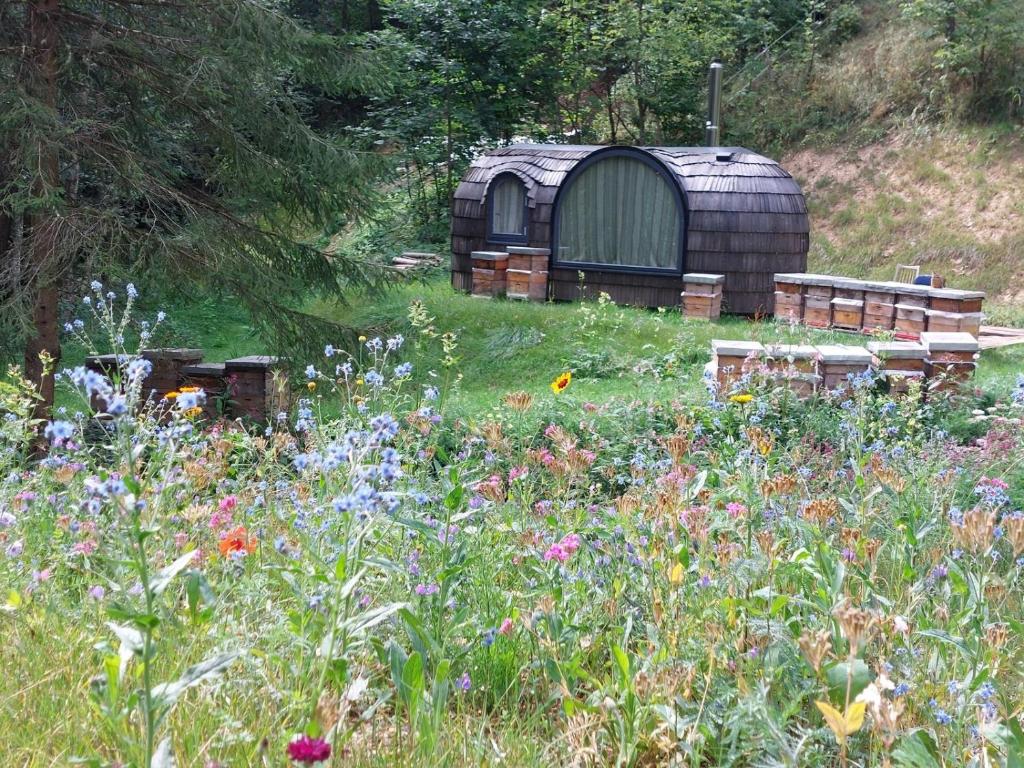 a garden with a dome house and a field of flowers at Igluhuts Passail in Passail