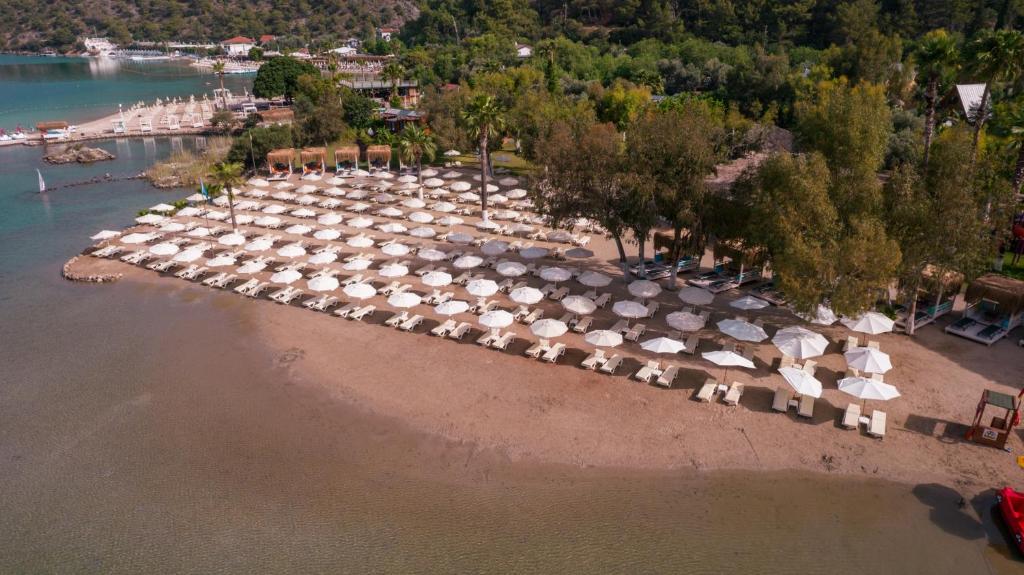 an aerial view of a beach with umbrellas and chairs at Sugar Beach Club in Oludeniz