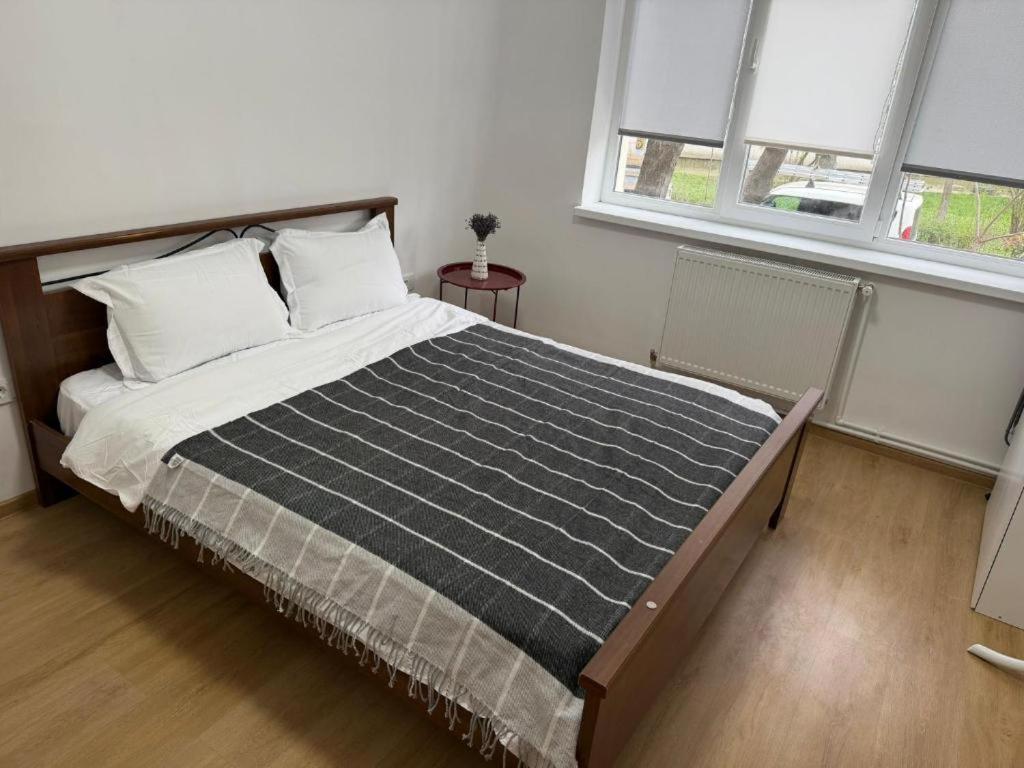 a large bed in a bedroom with two windows at Cozy Central Apartament II in Bacău