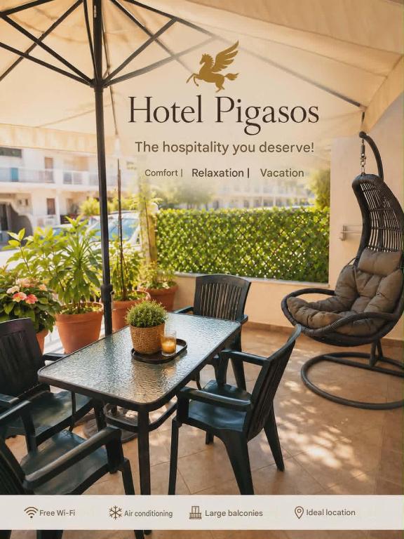 a sign for a hotel plexos with a table and chairs at Hotel Villa Pigasos in Paralia Katerinis