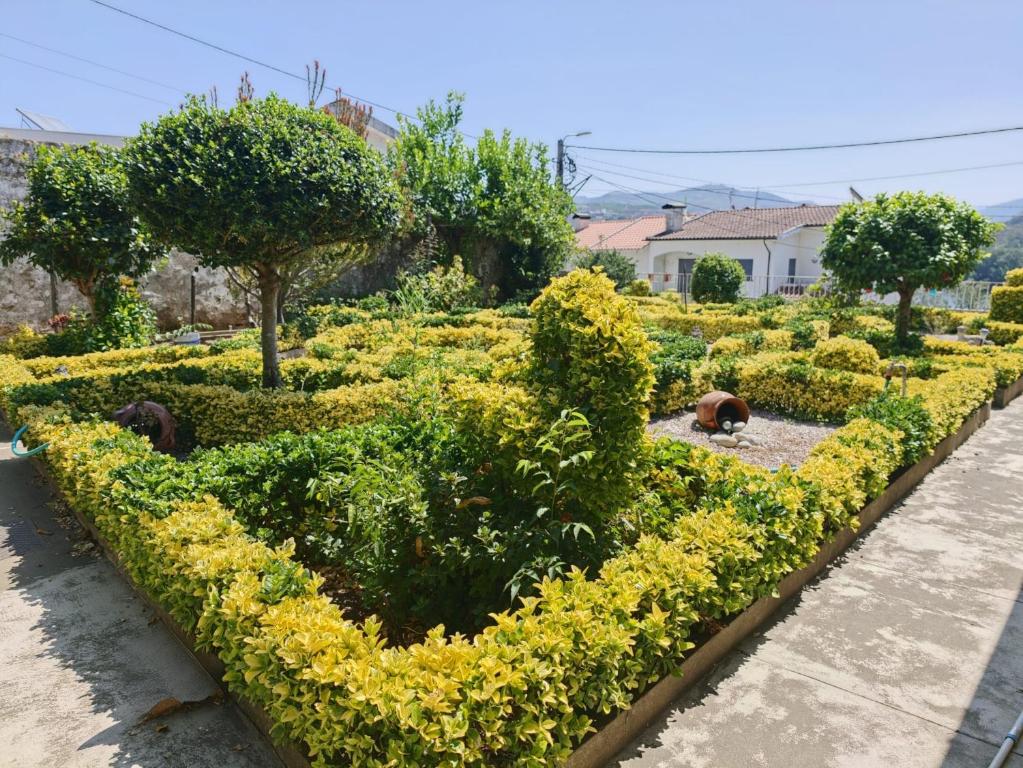 a garden with yellow flowers and animals in it at Casa Teles in Peso da Régua