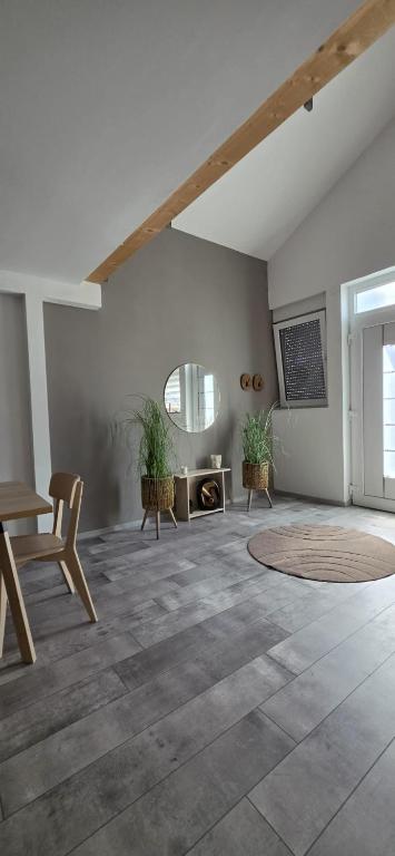 a living room with a table and chairs and a fireplace at Casa Sole in Murg