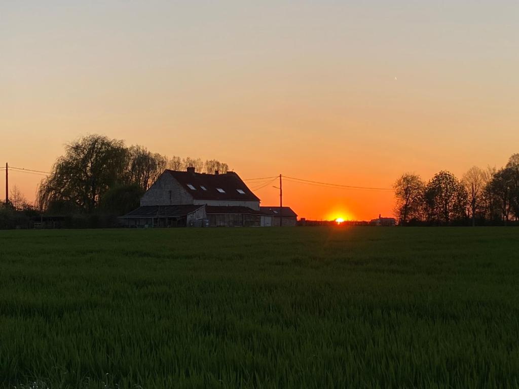 a barn in a field with the sunset in the background at Maison de campagne in Chièvres
