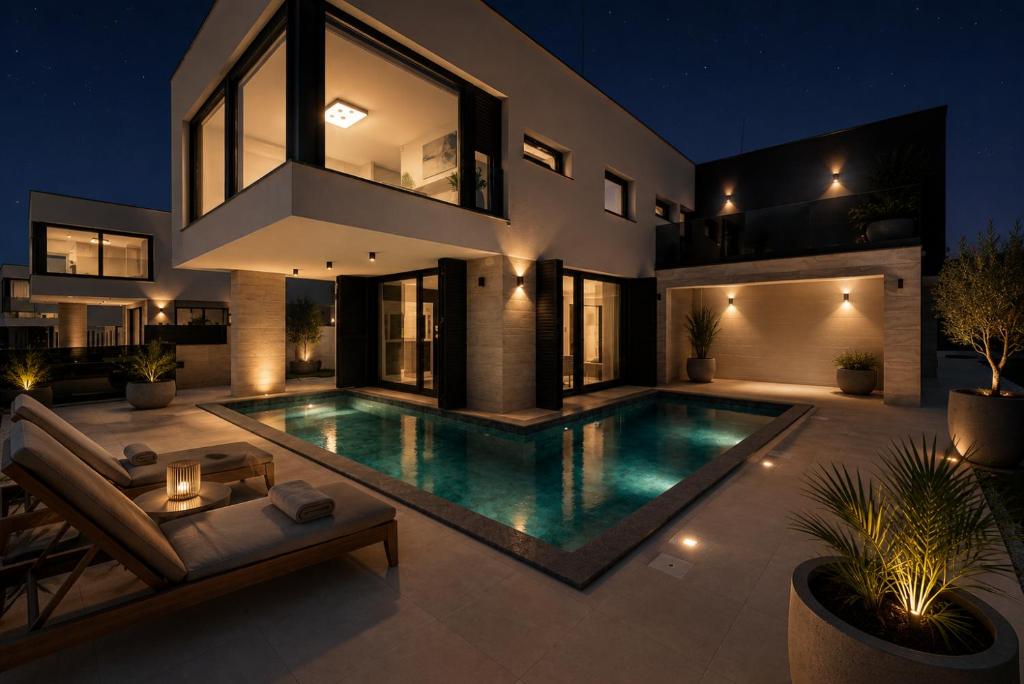 a house with a swimming pool in front of it at Villas Weiss in Vir