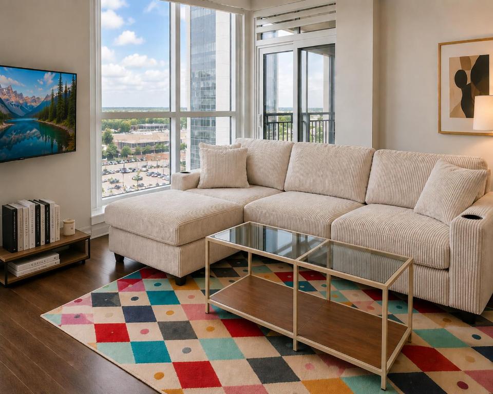 ein Wohnzimmer mit Sofa und einem Couchtisch aus Glas in der Unterkunft Simply Suites in Vaughan