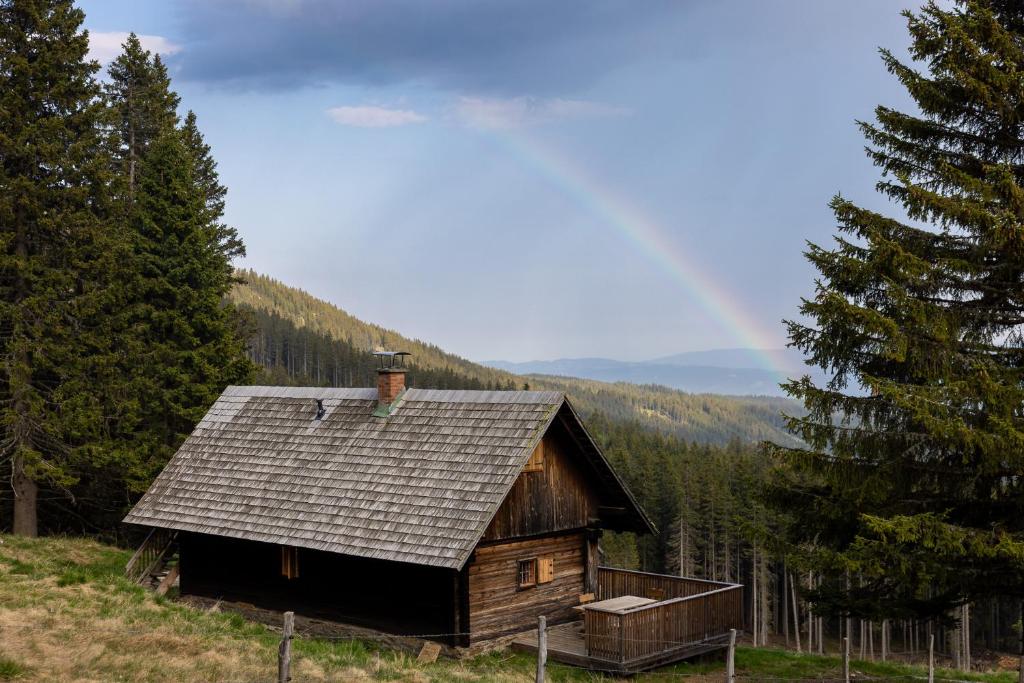 a small wooden cabin in the middle of a forest at Ochsenwaldhütte in Teschrepl