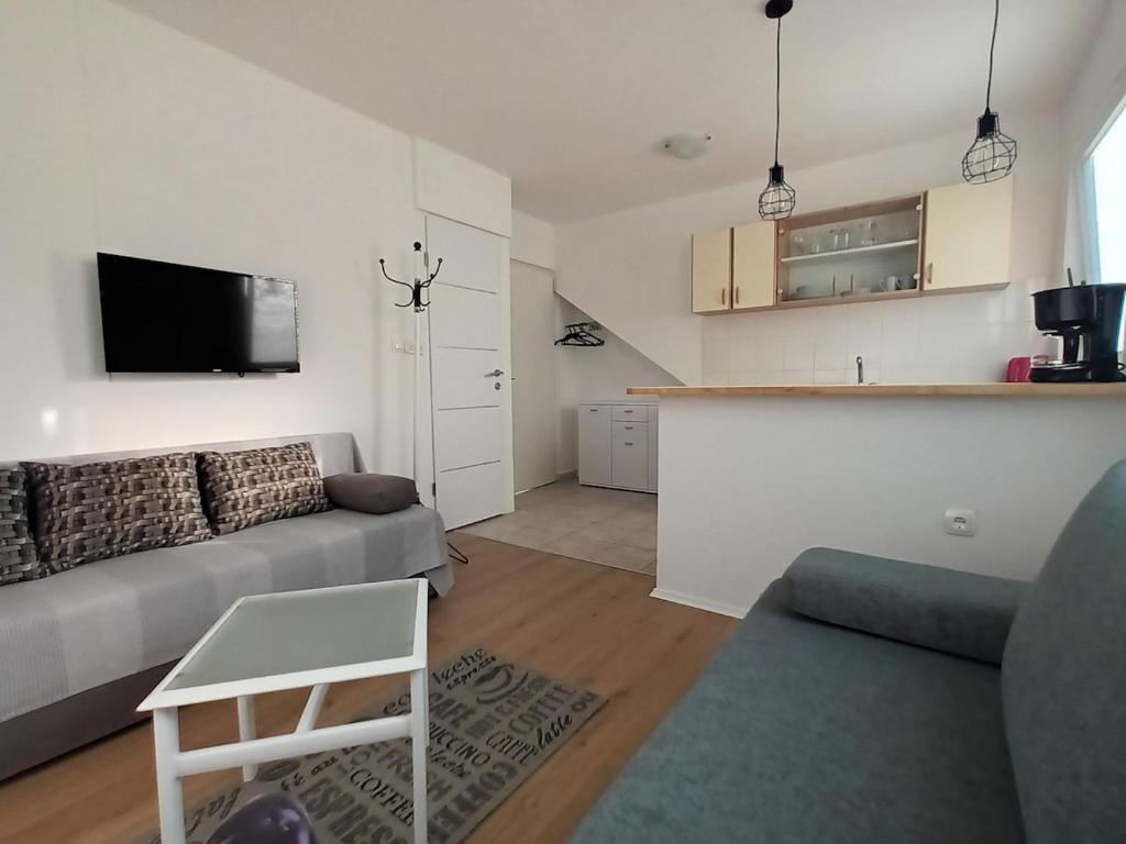 a living room with a couch and a kitchen at Apartman studio in Privlaka