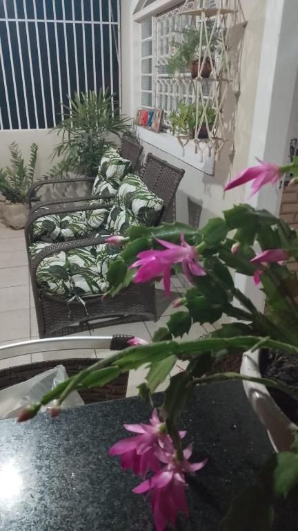 a plant with pink flowers on a balcony at Casa do Bosque in Sao Jose do Rio Preto