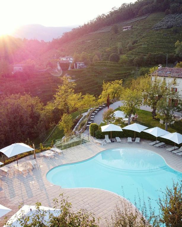 a large swimming pool with umbrellas and chairs around it at Duca Di Dolle Agriturismo in Rolle