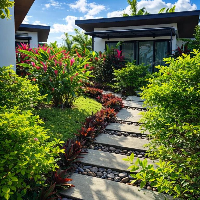 a garden with a walkway in front of a house at Natura Bungalows in Fortuna