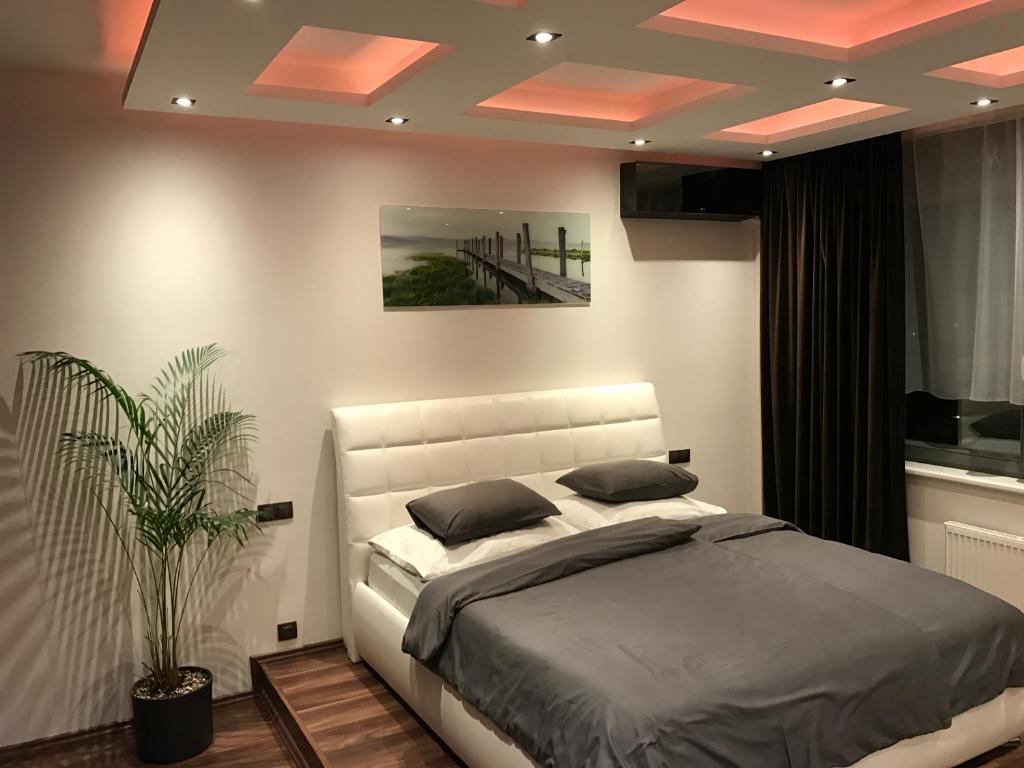 プラハにあるApartment Lupáčovaの白いベッドと植物が備わるベッドルーム1室が備わります。