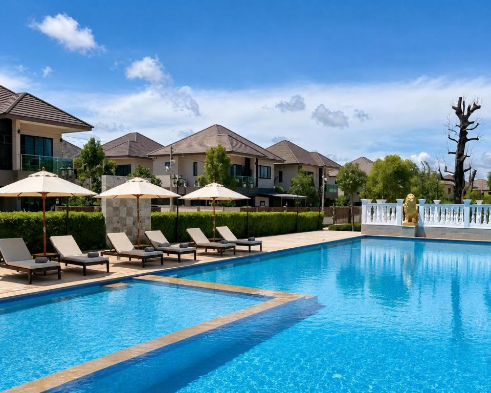 a swimming pool with chairs and umbrellas at Holi PTY Hotel in Ban Huai Yai