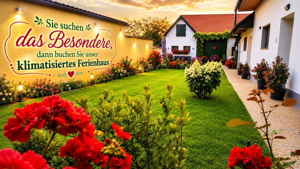 a garden with flowers and a sign for a day residence at FERIENHAUS Weinviertel in Pernersdorf