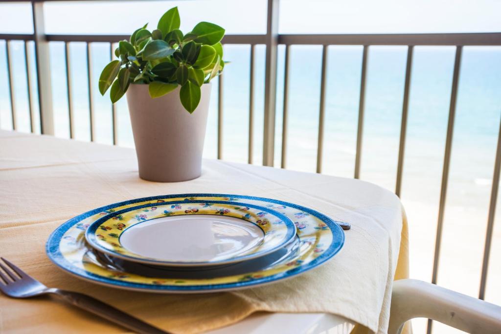 a plate and a potted plant on a table at Apartamentos Guillem in Playa de Miramar
