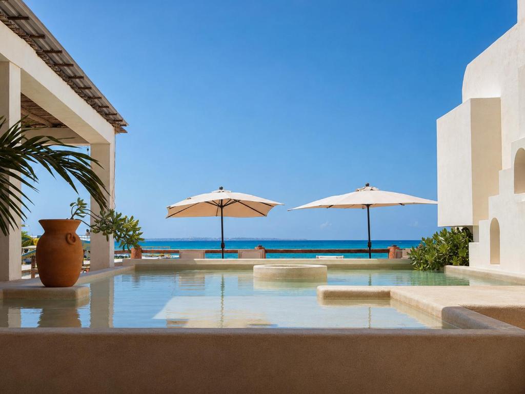 a pool with umbrellas and the ocean in the background at La Palma Beachfront Hotel Boutique in Cancún