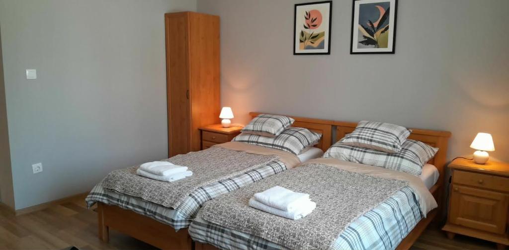 two twin beds in a bedroom with two lamps at Zöld Udvar Pihenőház in Jászszentlászló