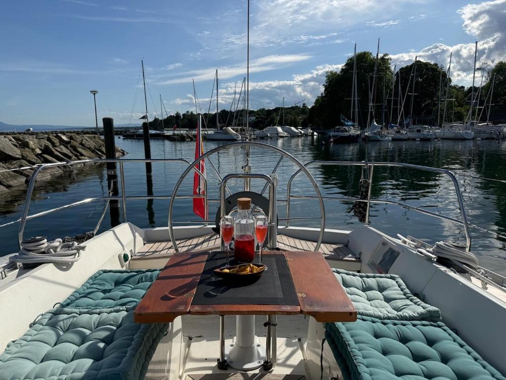 a table on the back of a boat in the water at Fully equipped sailing boat & exploring zodiac in Nyon