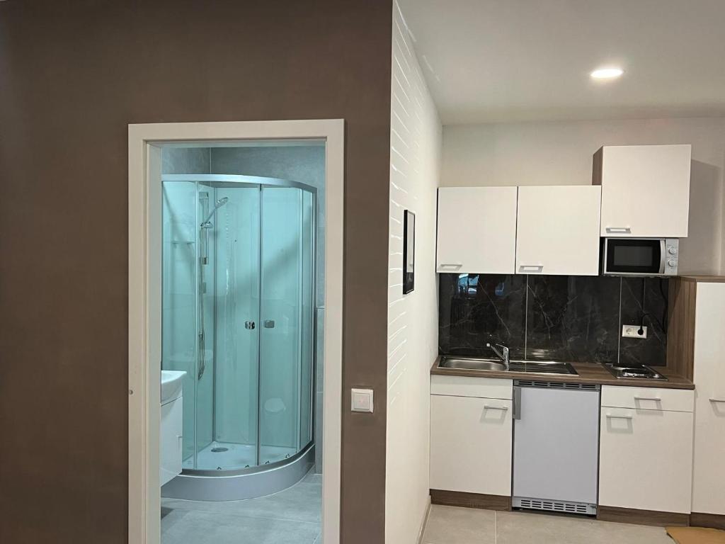 a bathroom with a shower and a kitchen with white cabinets at Unterkunft Gjino Wirges in Wirges