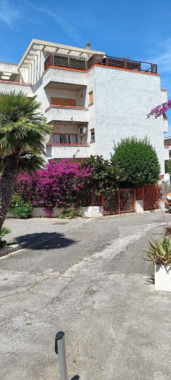 a building with purple flowers in front of a parking lot at C e G House in Santa Marinella