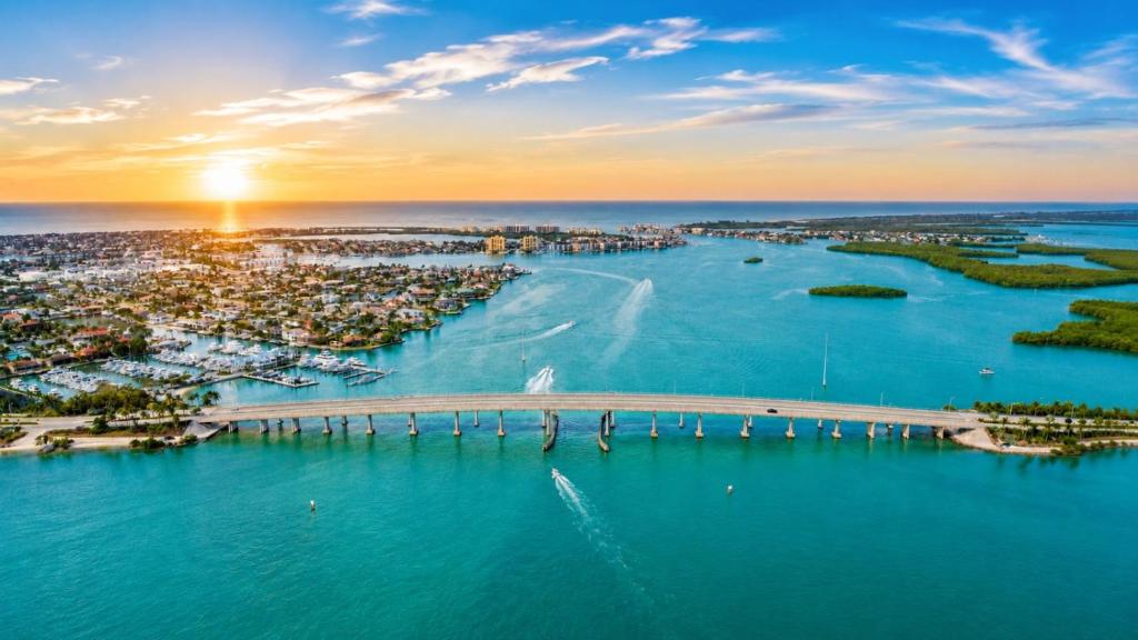 an aerial view of a bridge over a body of water at Old Marco Inne 403 in Marco Island