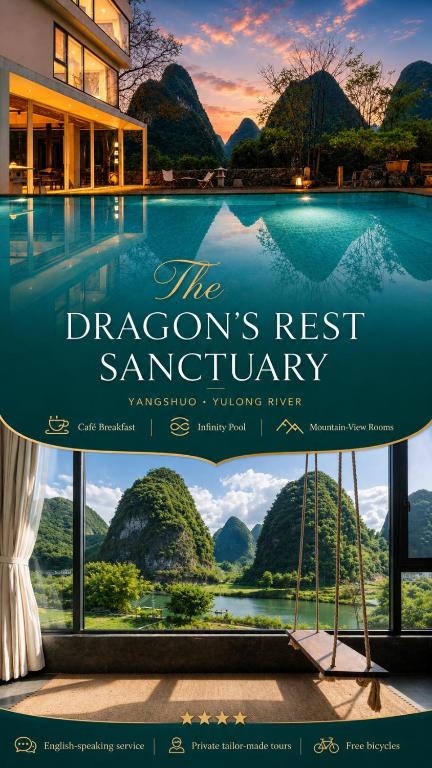 a poster for the dragons rest sanctuary at a resort at The Dragons Rest Sanctuary-Yulong River Branch - Infinity Pool & Cafe - English Speaking Service - Free MTB Rental & Tailor-Made Tour Service in Yangshuo