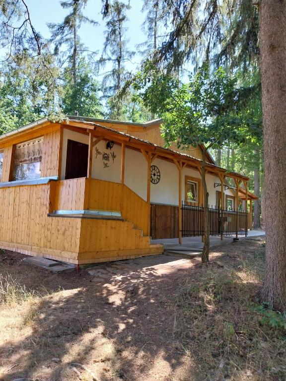 a cabin in the woods with a tree at Chata v lese in Olbramkostel