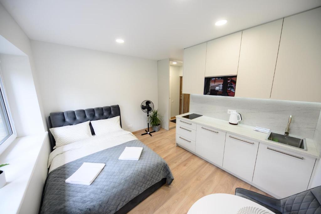 a bedroom with a large bed and a kitchen at NOVA Apartment - 1 in Klaipėda
