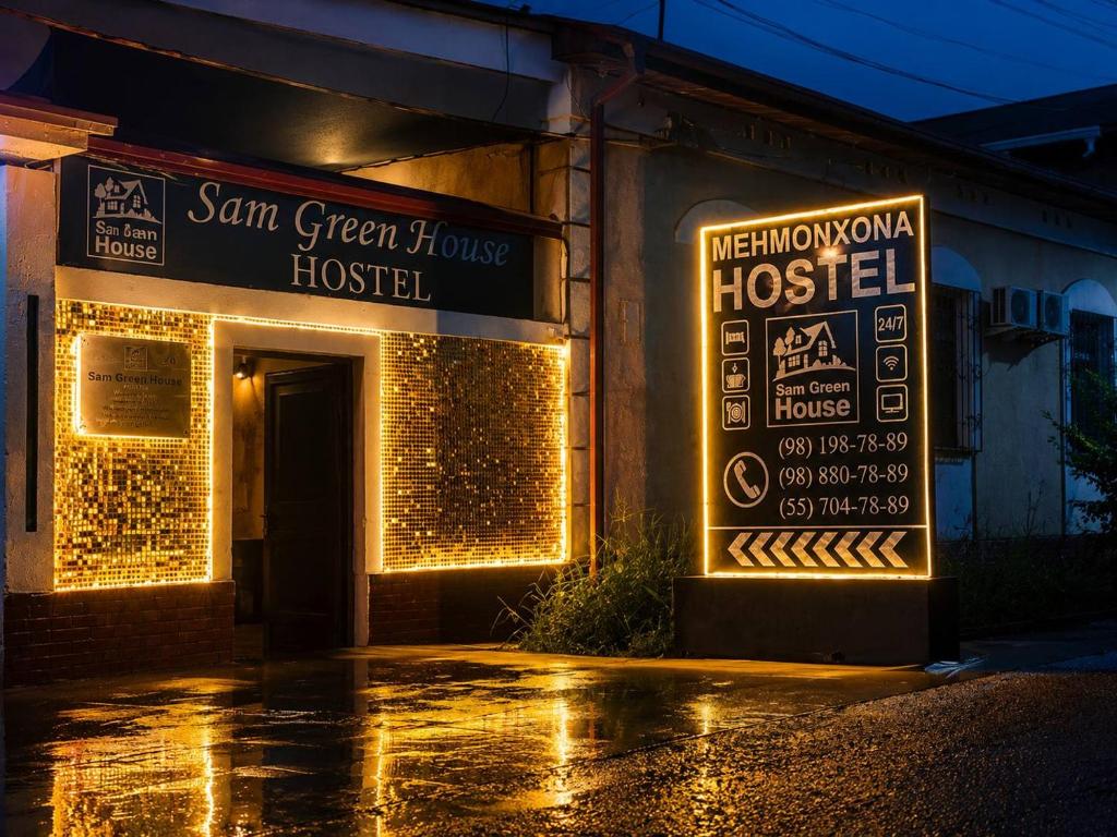 a building with a sign that reads san green house hostel at SAM GREEN HOUSE Hostel in Samarkand