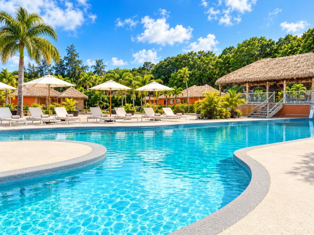 a swimming pool with chairs and umbrellas at a resort at La Kawannaise Blue Lagon - Piscine, Wifi, Plage, Terrasse in Grand-Bourg
