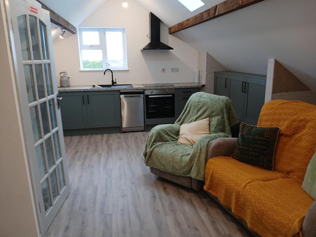 a living room with a couch and a kitchen at Roshinehill apartment in Shanbally