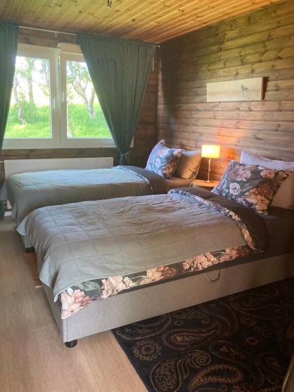 a bedroom with two beds and a window at River view contryside in Reykholt