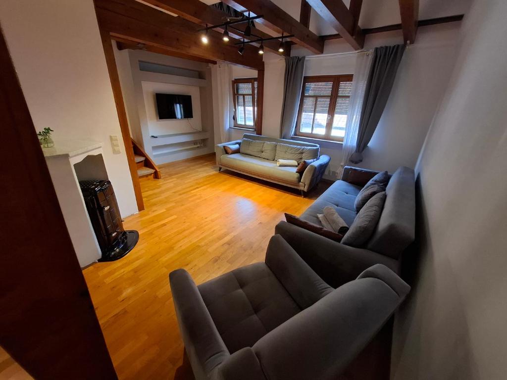 a living room with two couches and a fireplace at GR ooms-Rents in Gemmrigheim