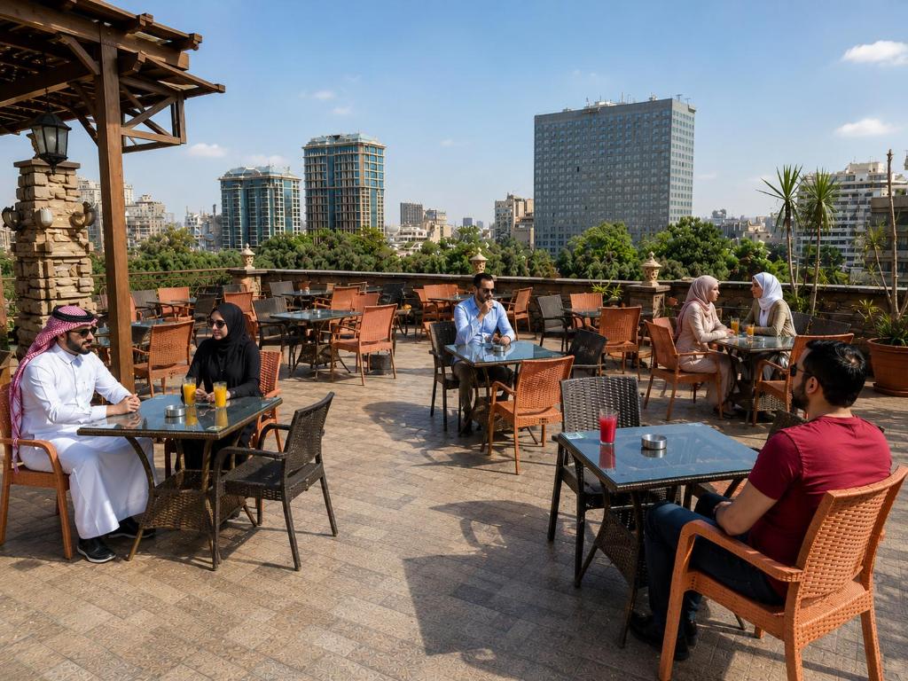 a group of people sitting at tables on a patio at St George Hotel - The Zoo in Cairo