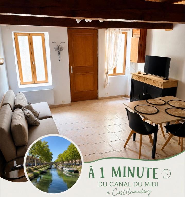 a living room with a couch and a table at Canalentin - proche Canal du Midi in Castelnaudary