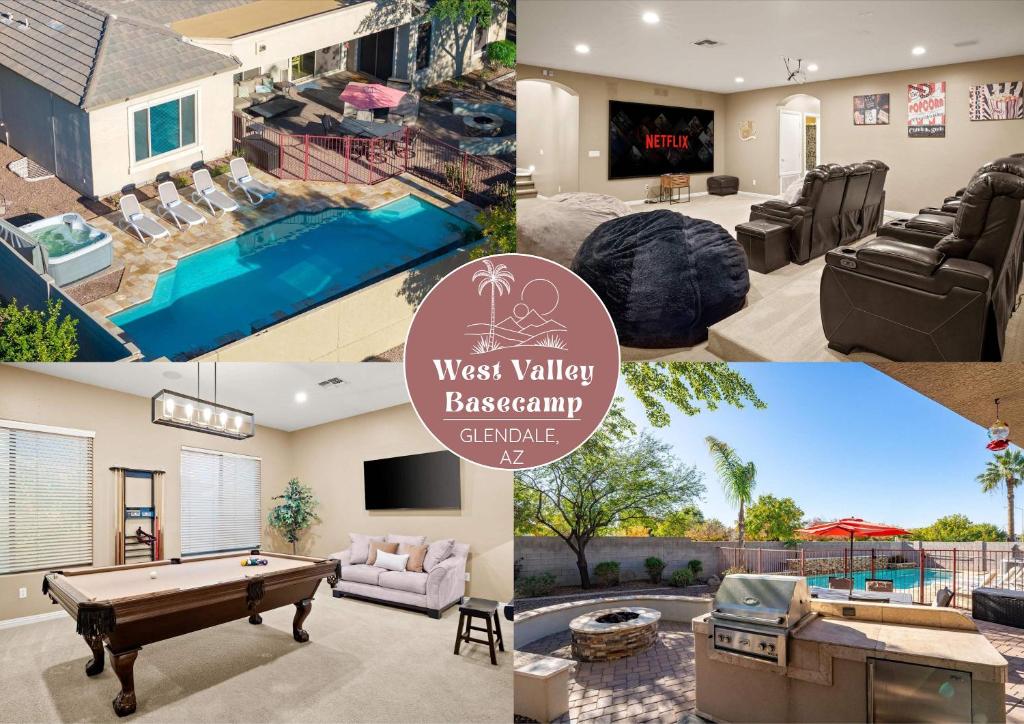a collage of photos of a villa with a pool and a house at Movie Theater Pool Arcade Fire Pit in Glendale