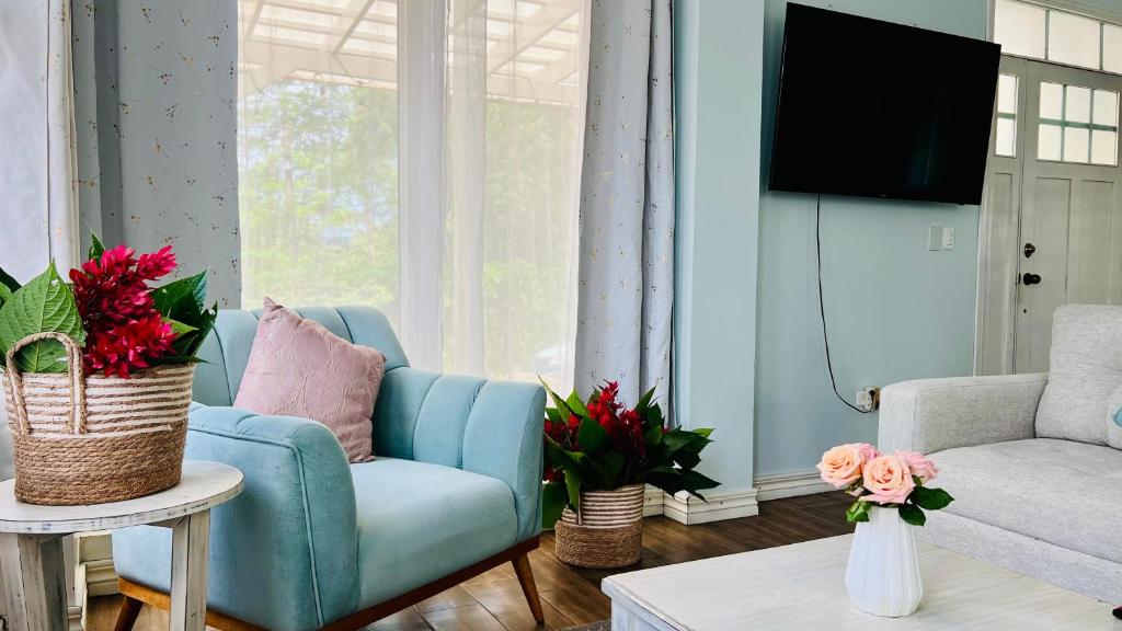a living room with a blue couch and a tv at Hermosa casa con aire acondicionado rodeada de aves y naturaleza incluye desayuno in Puyo