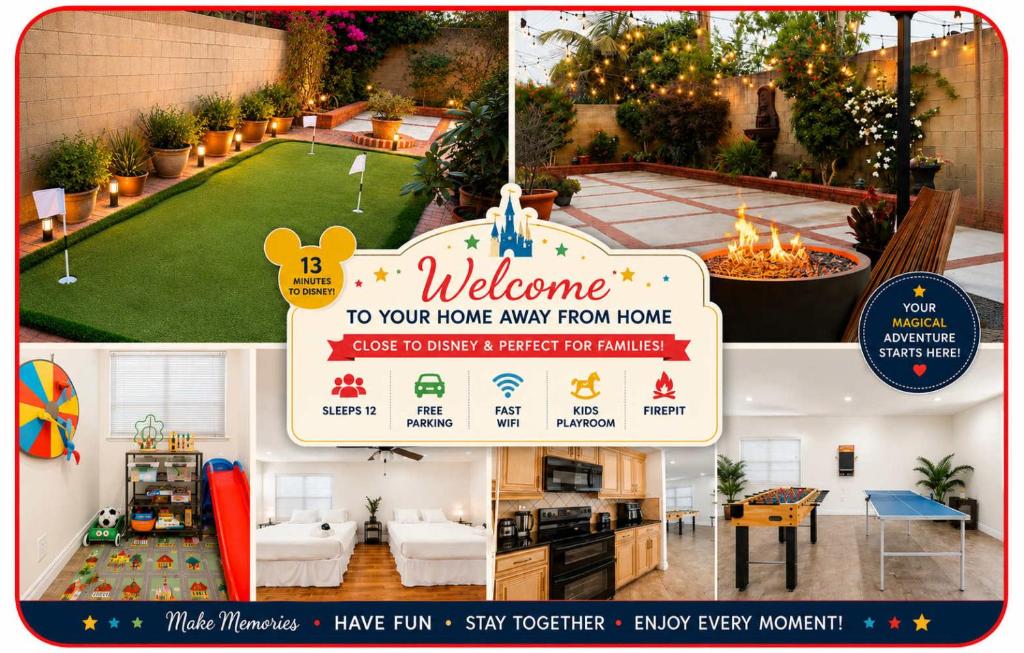 a collage of pictures of a home with a welcome sign at CA3 House Spacious SoCal Home for Groups in La Palma