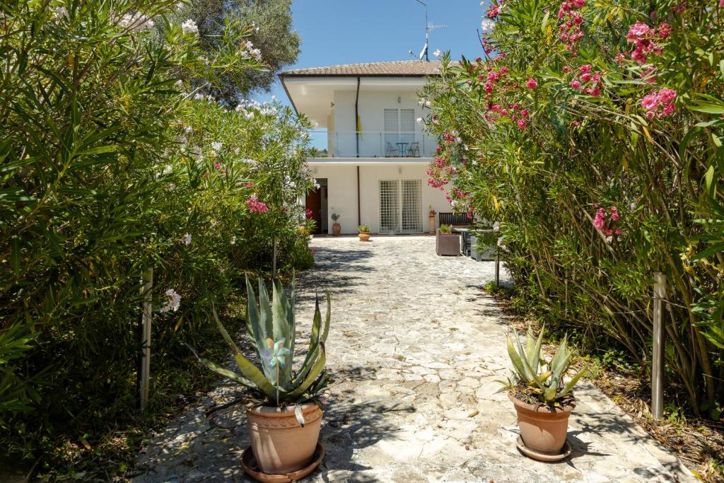 a garden with potted plants in front of a house at Casa Bianca in Silvi Marina