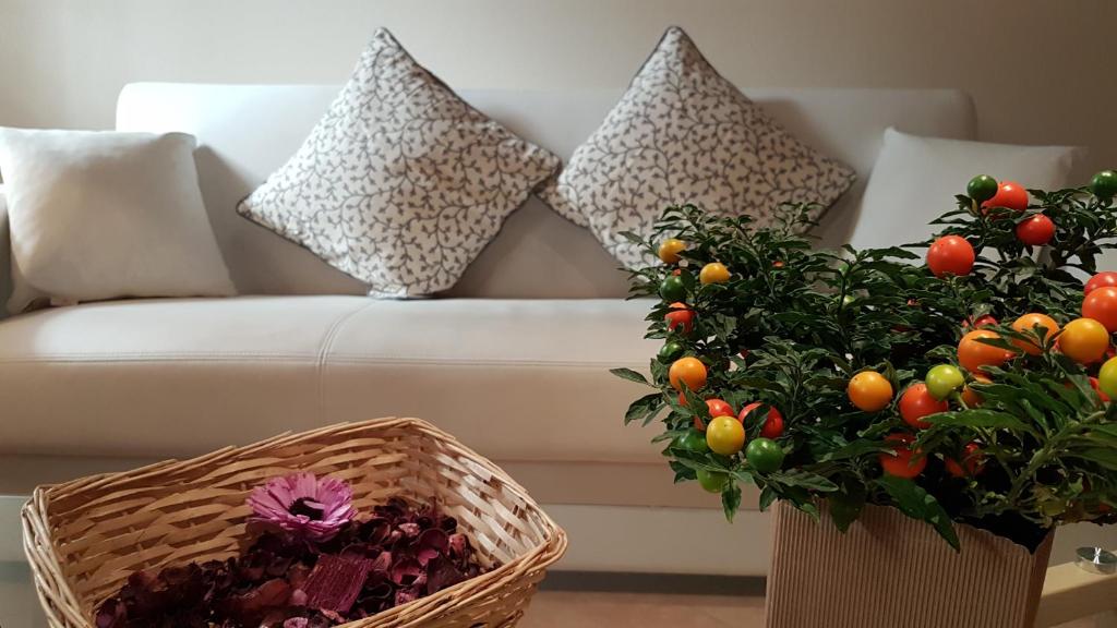 a living room with a couch and a basket of fruit at Veronetta lovely apartment in Verona