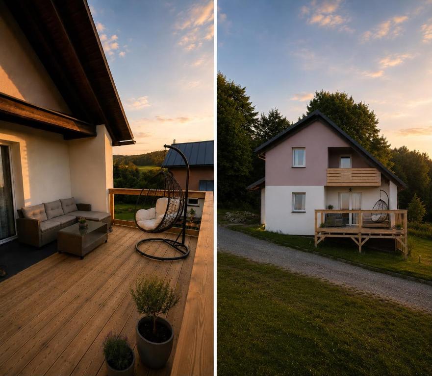 two pictures of a house and a house with a deck at Prázdninový dům Centrum Pastvinská přehrada in Nekoř