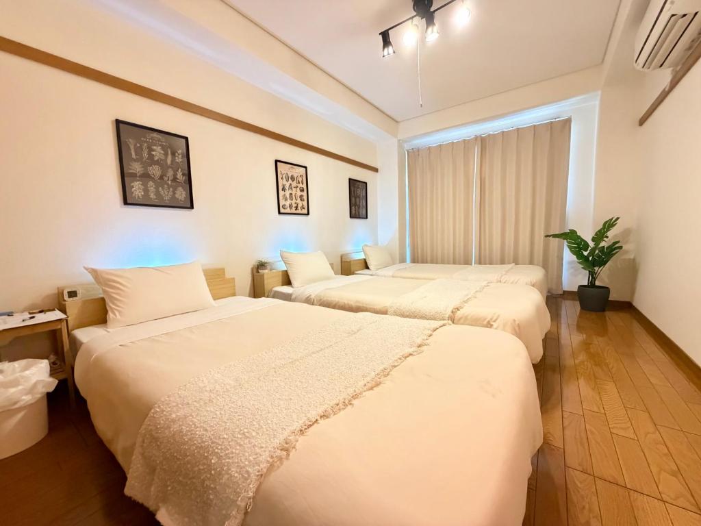 a hotel room with two beds and a potted plant at ura 東横のヨコ405 in Okayama