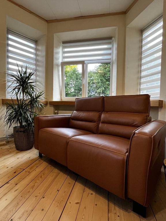 a brown leather couch in a living room with windows at J&K Apartments in Brocēni